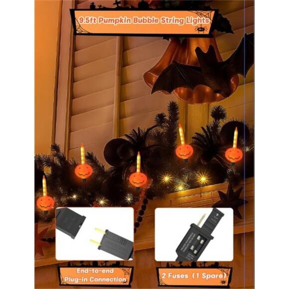 Halloween Pumpkin Bubble Lights-9Ft Halloween String Lights with 9 JackO Lantern - Picture 4 of 8